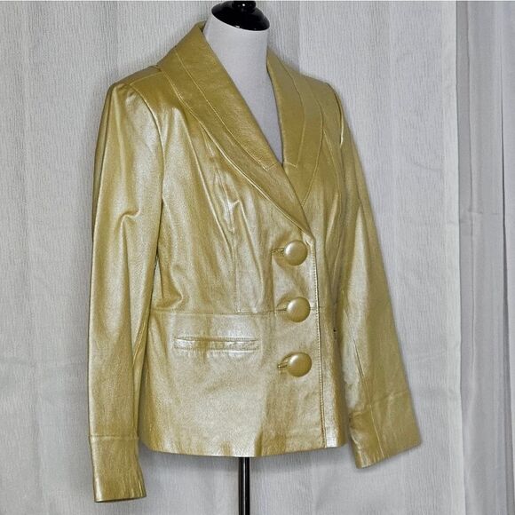 Terry Lewis Classic Luxuries Yellow Sparkle Leather Button Front Vintage Blazer - Picture 3 of 12